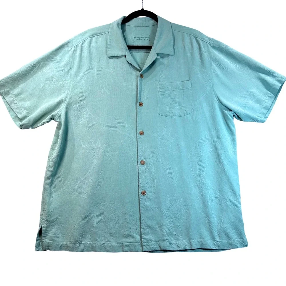 Tommy Bahama Mens XL‎ Silk Camp Shirt Aqua Blue Floral Jacquard Short Sleeve